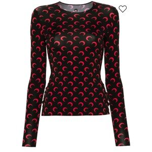 Marine Serre moon print Black Long-Sleeve Crewneck Top with Pink Crescent Print